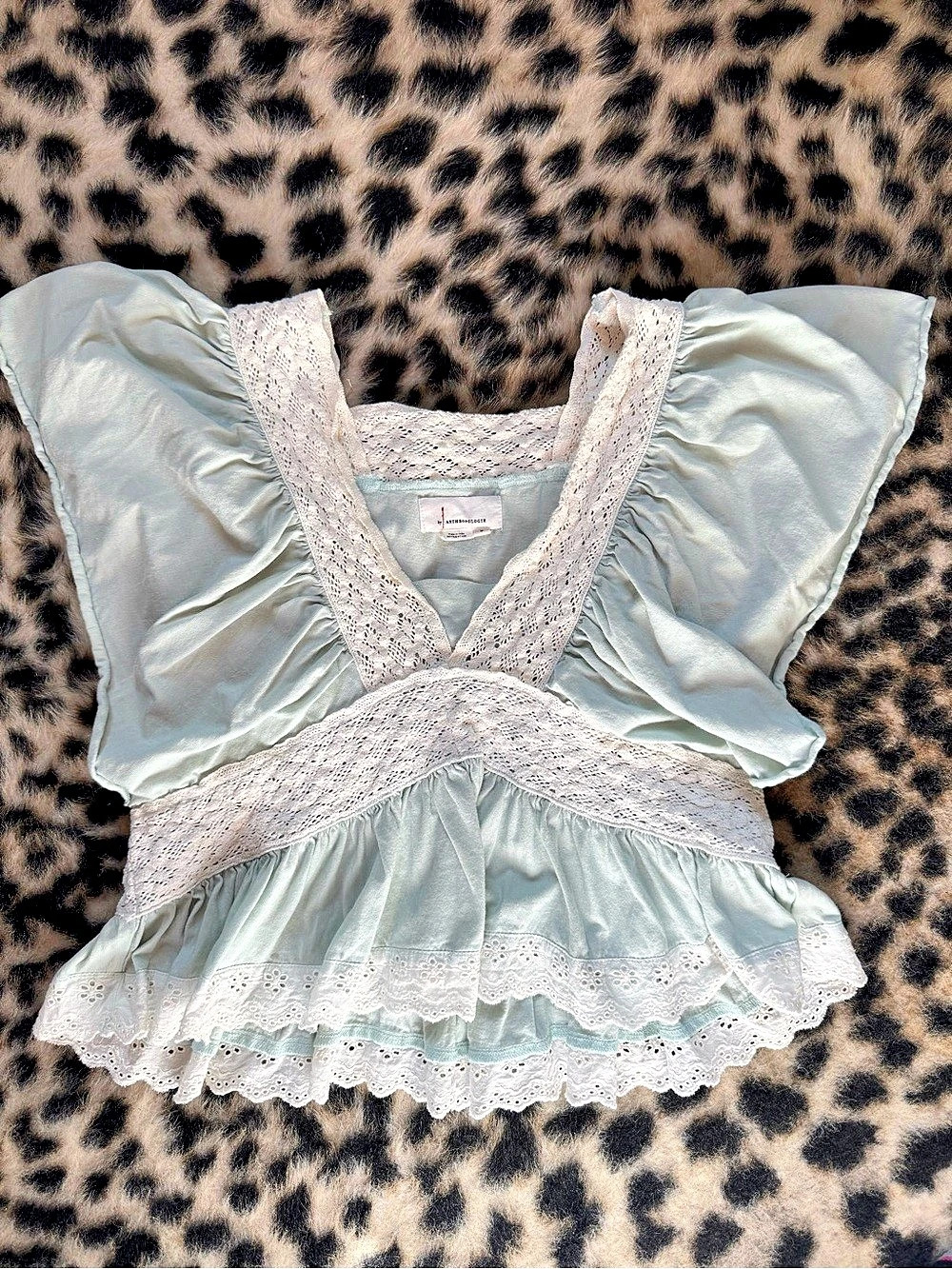 Anthropologie Lace Ruffle Blouse in Blue & White Size Medium